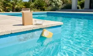 Nettoyer une piscine tubulaire : une éponge avec de la pâte à récurer sur le bord d'une piscine bleue, à côté d'une boîte ouverte et d'un bol de poudre blanche.