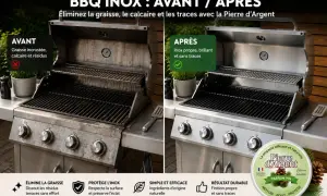 Avant/après d'un barbecue gaz : un côté encrassé, l'autre brillant après nettoyage avec la Pierre d'Argent.