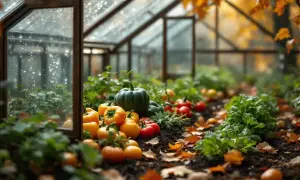 Récolte d'automne dans une serre : courges, tomates et poivrons mûrs, avec des feuilles tombées sur le sol. La culture sous serre protège ces trésors.
