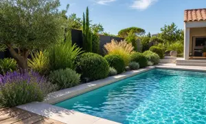 Un jardin méditerranéen luxuriant borde une piscine bleue. Un vieil arbre savonnier se dresse fièrement, entouré de lavande et de graminées.