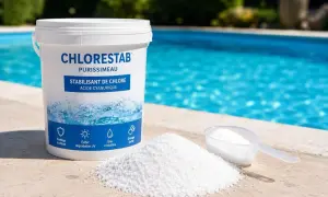 Un seau de stabilisant de chlore pour piscine, "Chlorestab", et une pelle remplie du produit, à côté d'une piscine. Idéal pour éviter un stabilisant piscine trop bas.