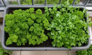 Un bac gris sur un balcon abrite deux variétés de persil, l'une frisée et l'autre plate. Idéal pour semer du persil frais.