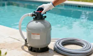 Main d'une personne ajustant un filtre de piscine à côté de l'eau trouble blanche.
