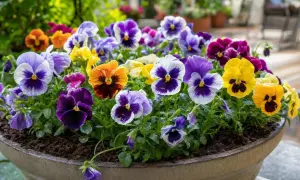 Un pot rempli de pensees fleur aux couleurs vives : violet, jaune, orange, blanc. Les gouttes de pluie brillent sur leurs pétales.