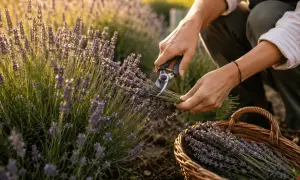 Mains coupant des tiges de lavande pour la récolte, un panier en osier rempli de fleurs violettes attend.