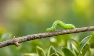 Une chenille verte se faufile sur une branche, explorant son environnement verdoyant.