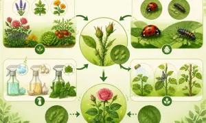 Illustration montrant comment lutter contre les pucerons avec des coccinelles, des pulvérisations naturelles et des méthodes de taille pour protéger les plantes.