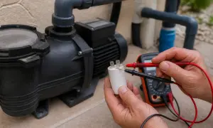 Un technicien teste un condensateur pour une pompe de piscine qui fait du bruit mais ne tourne pas.