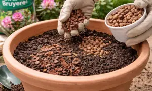 Préparation d'un terreau pour bouture de rhododendron. Des billes d'argile et des écorces sont ajoutées à la terre.