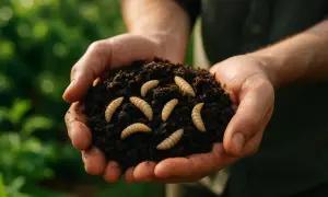 Mains tenant un tas de terreau riche, parsemé de plusieurs asticots composteurs, symboles de vie et de recyclage naturel.