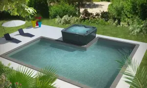 Un spa intégré à une piscine, entouré de verdure et de chaises longues. Parfait pour se détendre au soleil.