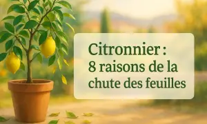 Mon citronnier perd ses feuilles. Un jeune citronnier en pot, avec des citrons jaunes, perd des feuilles. Le texte indique "Citronnier : 8 raisons de la chute des feuilles".
