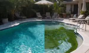 Comparaison d'une piscine : d'un côté, l'eau est claire et bleue ; de l'autre, elle est envahie par de **différentes algues piscine** vertes.