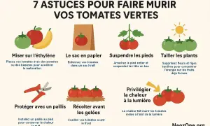 7 astuces pour faire rougir les tomates sur pied : éthylène, sac en papier, suspendre les pieds, tailler, paillis, récolter avant les gelées, privilégier la chaleur.