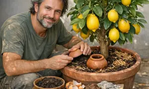 Un homme souriant prend soin d'un citronnier en pot, prêt à récolter ses fruits.