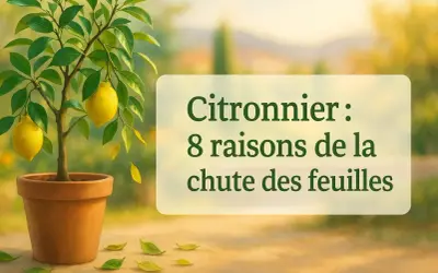 Mon citronnier perd ses feuilles. Un jeune citronnier en pot, avec des citrons jaunes, perd des feuilles. Le texte indique "Citronnier : 8 raisons de la chute des feuilles".