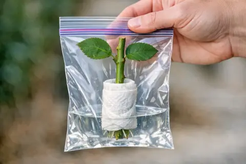 Une bouture de rosier, enveloppée dans du papier absorbant et placée dans un sac plastique avec de l'eau, montre de fines racines se développant.