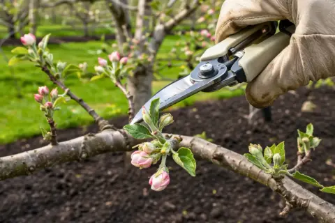 Main d'un jardinier avec des gants, utilisant un sécateur pour la taille d'un pommier en fleurs.