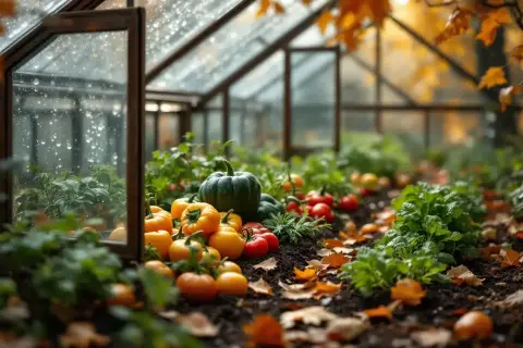 Récolte d'automne dans une serre : courges, tomates et poivrons mûrs, avec des feuilles tombées sur le sol. La culture sous serre protège ces trésors.
