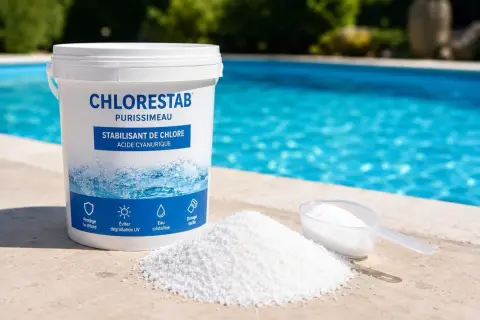 Un seau de stabilisant de chlore pour piscine, "Chlorestab", et une pelle remplie du produit, à côté d'une piscine. Idéal pour éviter un stabilisant piscine trop bas.