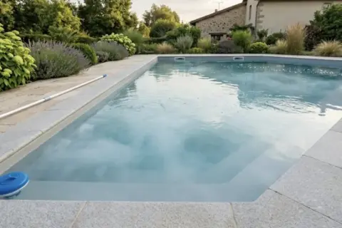 Piscine propre et prête pour la baignade après chlore choc. Un balai et un diffuseur de chlore flottent à la surface.