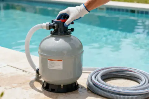 Main d'une personne ajustant un filtre de piscine à côté de l'eau trouble blanche.