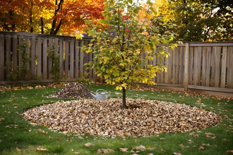 Des feuilles mortes forment un paillis naturel au pied d'un jeune figuier, prêt pour l'hiver.