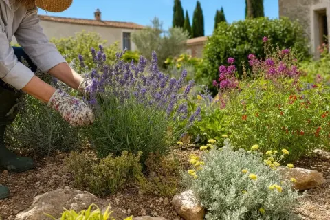 Jardinage au soleil, une personne cueille de la lavande. Idées de que faire avec de la lavande : parfumer, décorer, cuisiner.