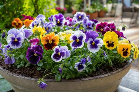 Un pot rempli de pensees fleur aux couleurs vives : violet, jaune, orange, blanc. Les gouttes de pluie brillent sur leurs pétales.