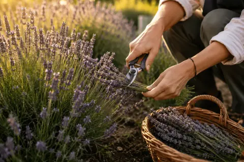 Mains coupant des tiges de lavande pour la récolte, un panier en osier rempli de fleurs violettes attend.