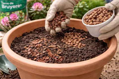 Préparation d'un terreau pour bouture de rhododendron. Des billes d'argile et des écorces sont ajoutées à la terre.