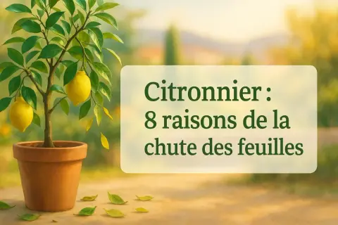Mon citronnier perd ses feuilles. Un jeune citronnier en pot, avec des citrons jaunes, perd des feuilles. Le texte indique "Citronnier : 8 raisons de la chute des feuilles".