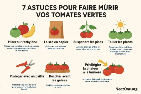 7 astuces pour faire rougir les tomates sur pied : éthylène, sac en papier, suspendre les pieds, tailler, paillis, récolter avant les gelées, privilégier la chaleur.