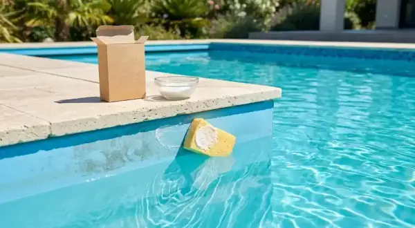 Nettoyer une piscine tubulaire : une éponge avec de la pâte à récurer sur le bord d'une piscine bleue, à côté d'une boîte ouverte et d'un bol de poudre blanche.