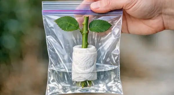 Une bouture de rosier, enveloppée dans du papier absorbant et placée dans un sac plastique avec de l'eau, montre de fines racines se développant.