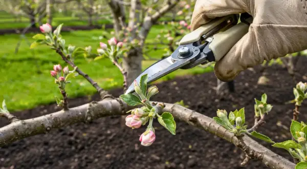 Main d'un jardinier avec des gants, utilisant un sécateur pour la taille d'un pommier en fleurs.
