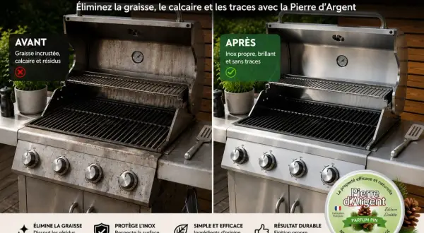 Avant/après d'un barbecue gaz : un côté encrassé, l'autre brillant après nettoyage avec la Pierre d'Argent.