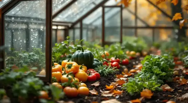 Récolte d'automne dans une serre : courges, tomates et poivrons mûrs, avec des feuilles tombées sur le sol. La culture sous serre protège ces trésors.