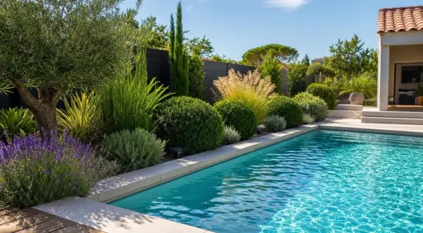 Un jardin méditerranéen luxuriant borde une piscine bleue. Un vieil arbre savonnier se dresse fièrement, entouré de lavande et de graminées.