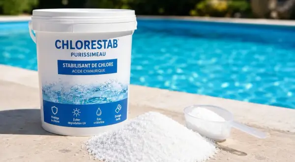 Un seau de stabilisant de chlore pour piscine, "Chlorestab", et une pelle remplie du produit, à côté d'une piscine. Idéal pour éviter un stabilisant piscine trop bas.