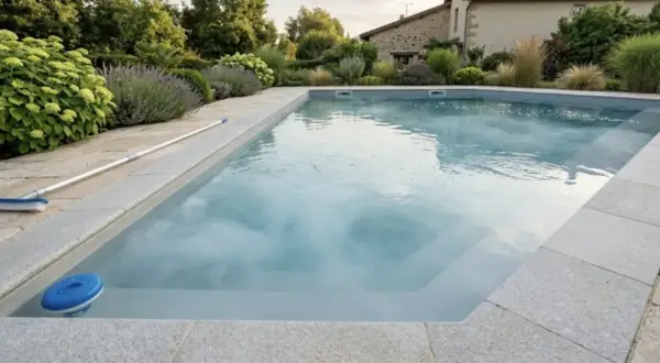 Piscine propre et prête pour la baignade après chlore choc. Un balai et un diffuseur de chlore flottent à la surface.