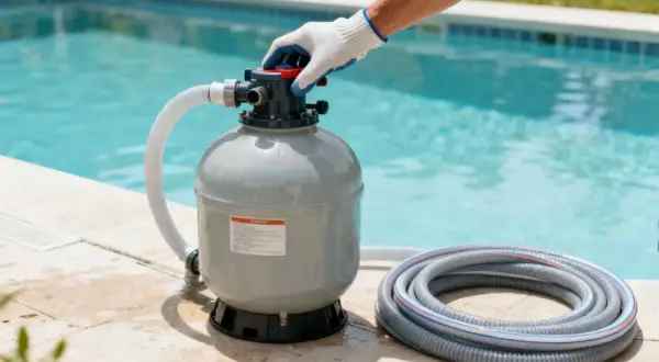 Main d'une personne ajustant un filtre de piscine à côté de l'eau trouble blanche.