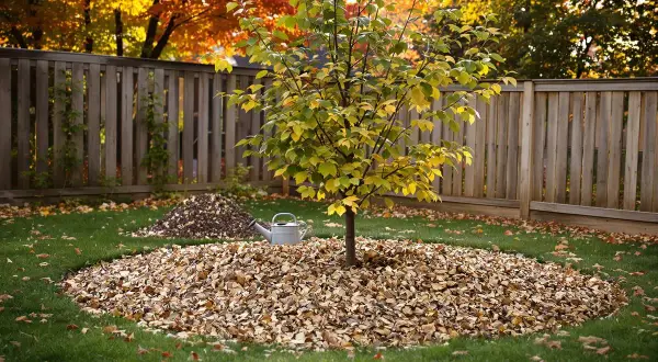 Des feuilles mortes forment un paillis naturel au pied d'un jeune figuier, prêt pour l'hiver.
