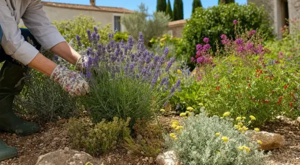 Jardinage au soleil, une personne cueille de la lavande. Idées de que faire avec de la lavande : parfumer, décorer, cuisiner.
