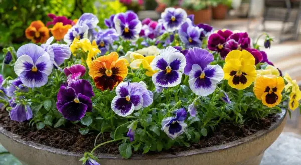 Un pot rempli de pensees fleur aux couleurs vives : violet, jaune, orange, blanc. Les gouttes de pluie brillent sur leurs pétales.
