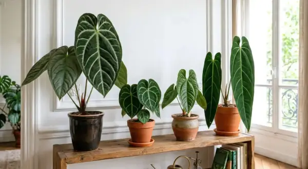 Collection d'anthuriums aux feuilles luxuriantes, parfaits pour un intérieur. L'anthurium entretien facile pour une touche tropicale.