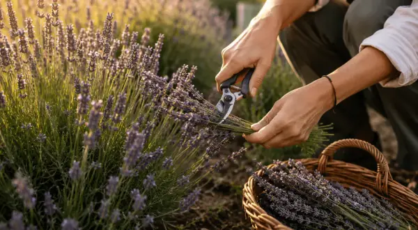 Mains coupant des tiges de lavande pour la récolte, un panier en osier rempli de fleurs violettes attend.