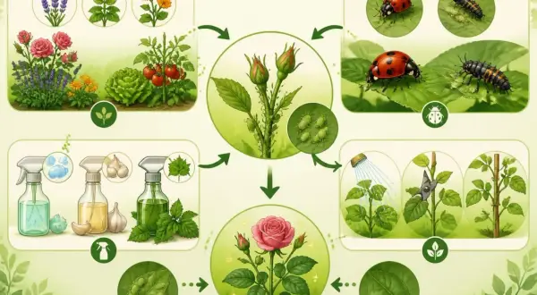 Illustration montrant comment lutter contre les pucerons avec des coccinelles, des pulvérisations naturelles et des méthodes de taille pour protéger les plantes.