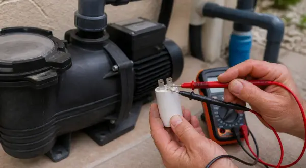 Un technicien teste un condensateur pour une pompe de piscine qui fait du bruit mais ne tourne pas.