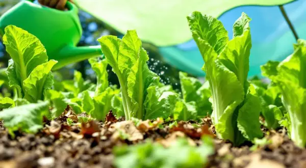 Arrosage de jeunes plants de salade fraîchement repiqués, sous un voile protecteur vert.